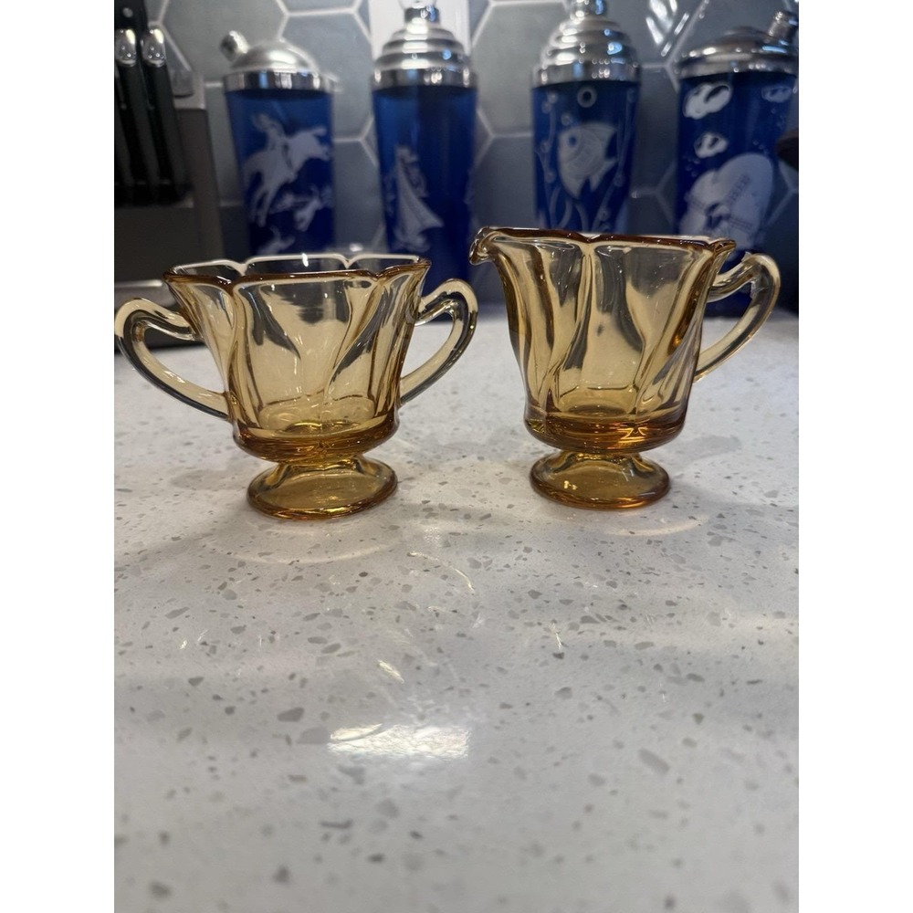 Fostoria Jamestown Amber Creamer And Sugar Depression Glass Mid Century